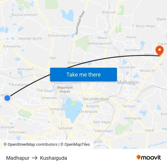 Madhapur to Kushaiguda map