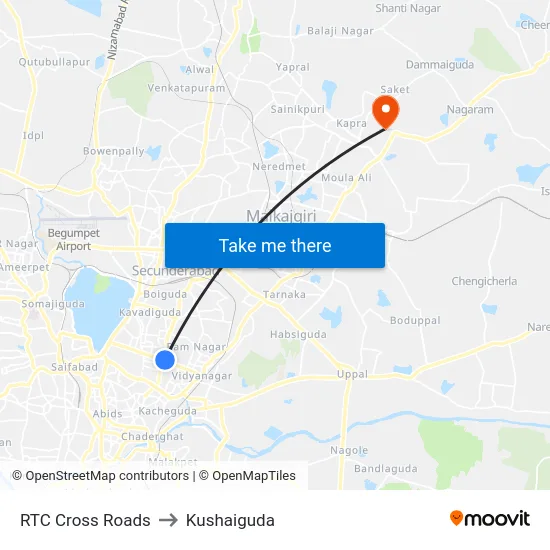 RTC Cross Roads to Kushaiguda map