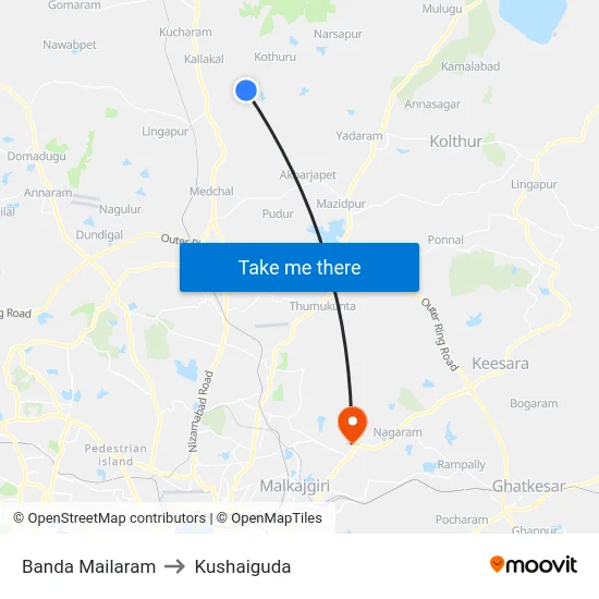 Banda Mailaram to Kushaiguda map