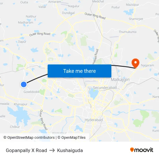 Gopanpally X Road to Kushaiguda map