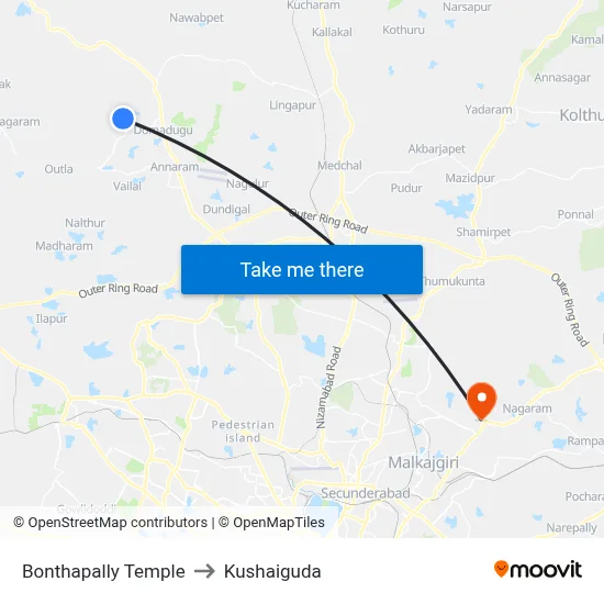 Bonthapally Temple to Kushaiguda map