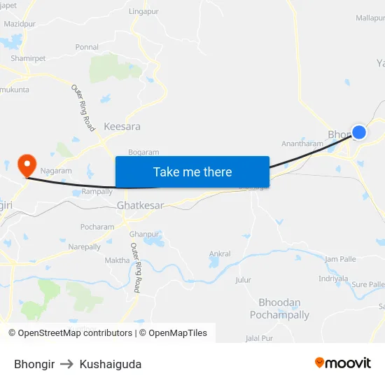 Bhongir to Kushaiguda map
