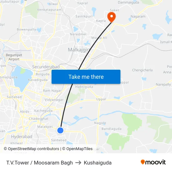 T.V.Tower / Moosaram Bagh to Kushaiguda map