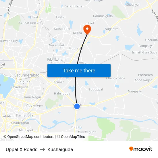 Uppal X Roads to Kushaiguda map