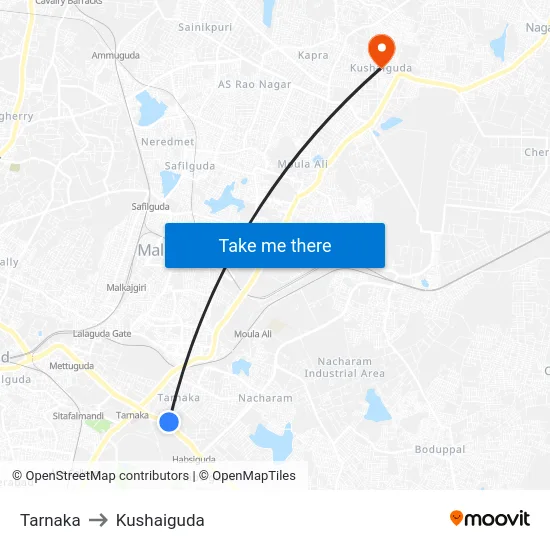 Tarnaka to Kushaiguda map