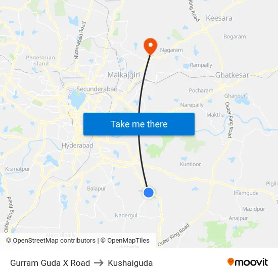 Gurram Guda X Road to Kushaiguda map