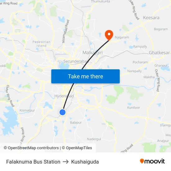 Falaknuma Bus Station to Kushaiguda map