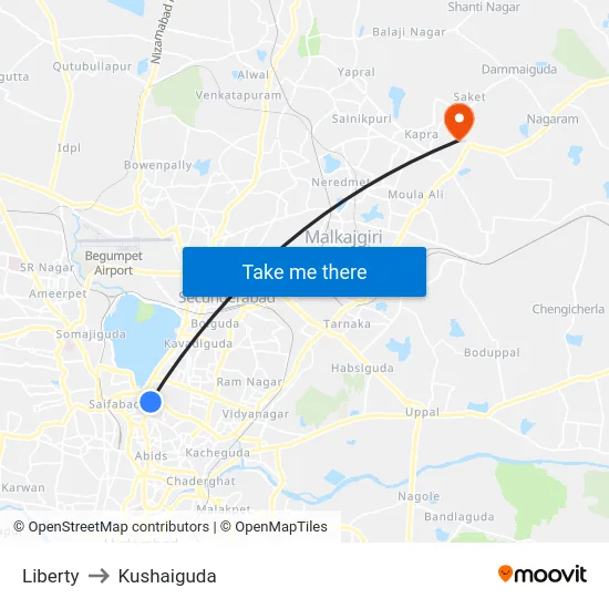 Liberty to Kushaiguda map