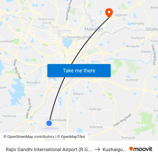 Rajiv Gandhi International Airport (R.G.I.A) to Kushaiguda map