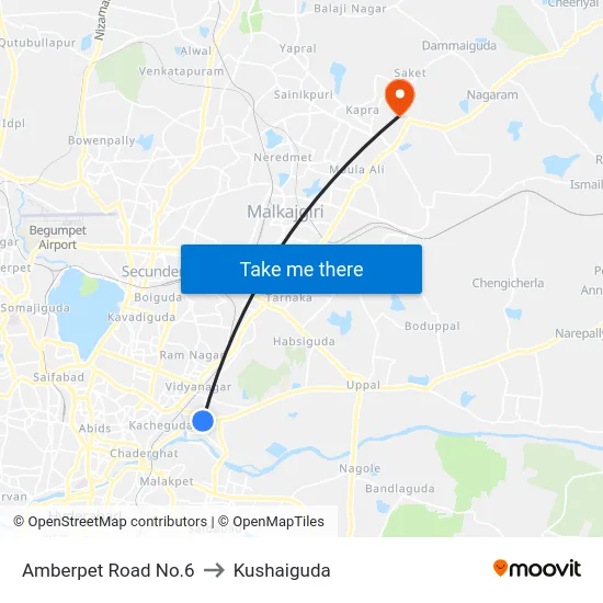 Amberpet Road No.6 to Kushaiguda map