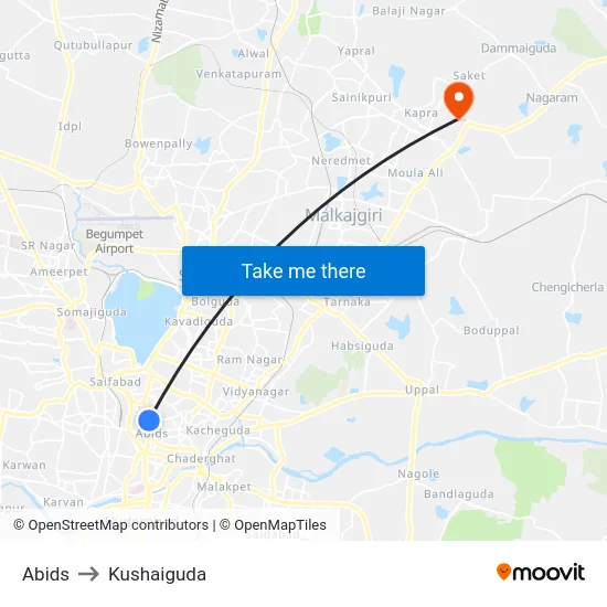 Abids to Kushaiguda map