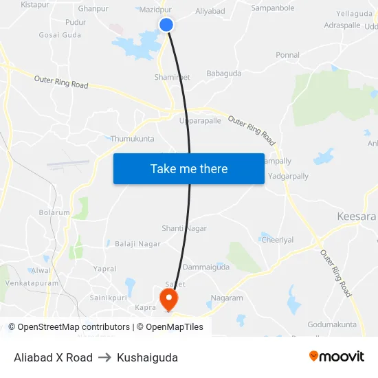 Aliabad X Road to Kushaiguda map