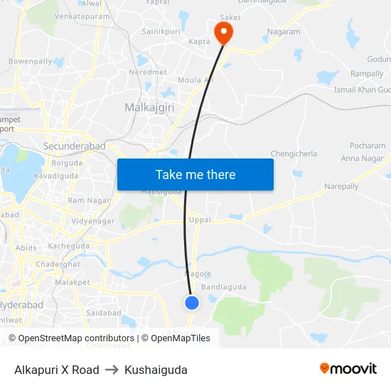 Alkapuri X Road to Kushaiguda map