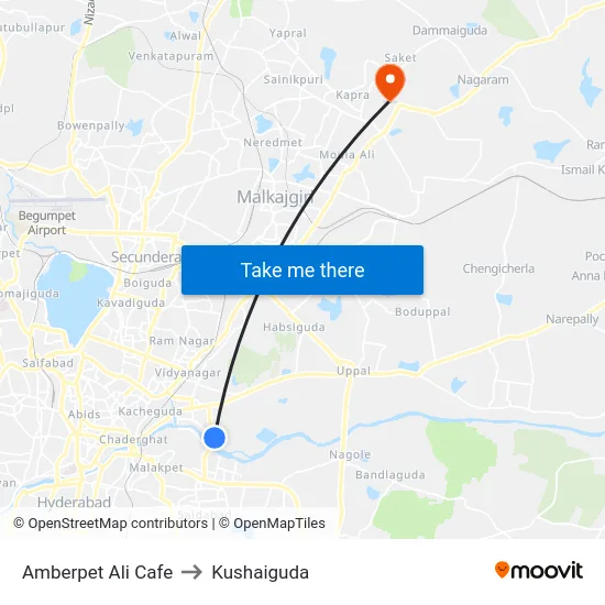 Amberpet Ali Cafe to Kushaiguda map