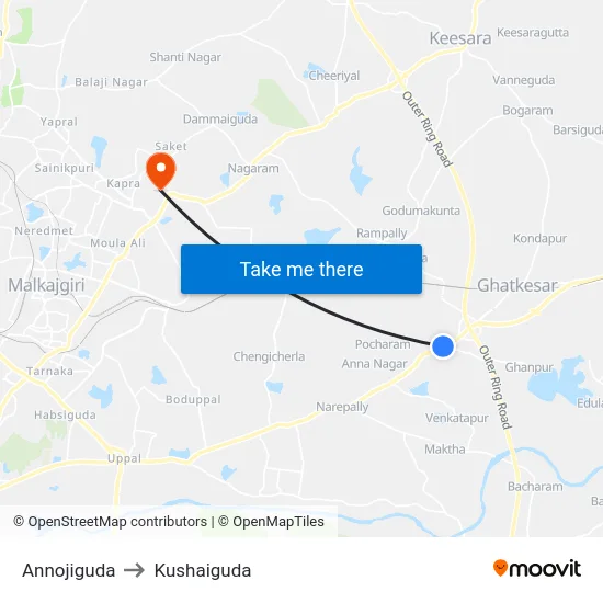Annojiguda to Kushaiguda map