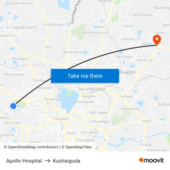 Apollo Hospital to Kushaiguda map