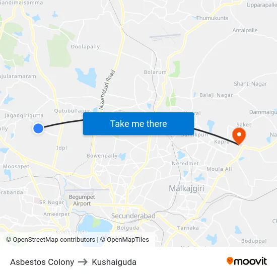 Asbestos Colony to Kushaiguda map