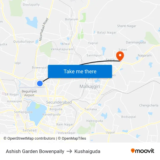 Ashish Garden Bowenpally to Kushaiguda map