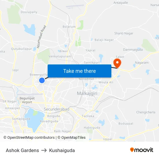 Ashok Gardens to Kushaiguda map