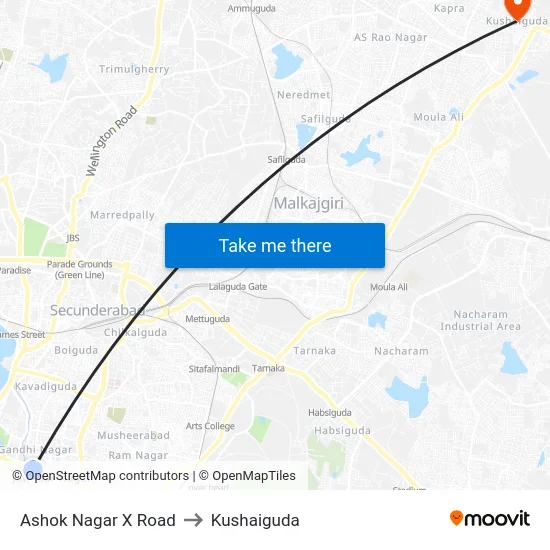 Ashok Nagar X Road to Kushaiguda map