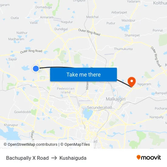 Bachupally X Road to Kushaiguda map
