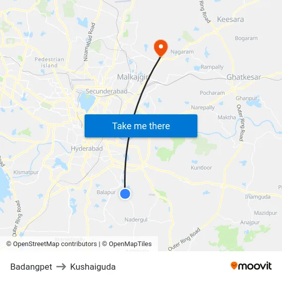 Badangpet to Kushaiguda map