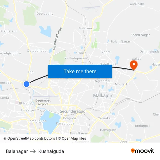 Balanagar to Kushaiguda map