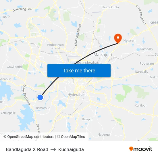 Bandlaguda X Road to Kushaiguda map