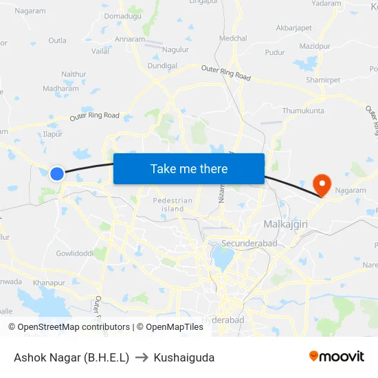Ashok Nagar (B.H.E.L) to Kushaiguda map