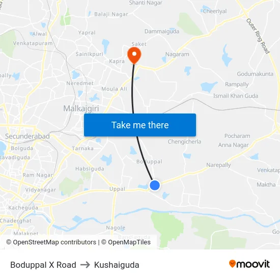 Boduppal X Road to Kushaiguda map