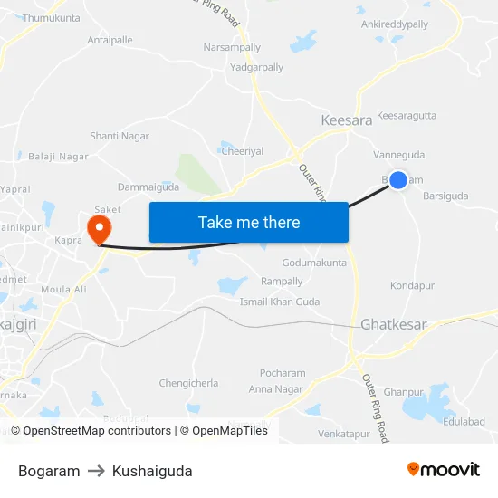 Bogaram to Kushaiguda map
