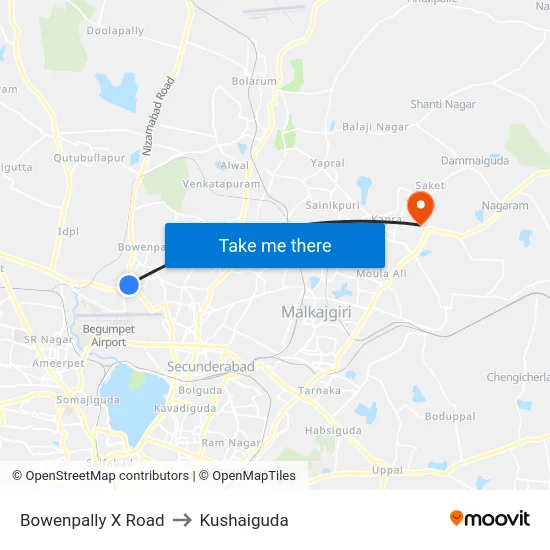 Bowenpally X Road to Kushaiguda map
