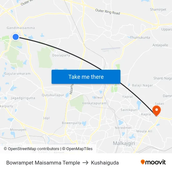 Bowrampet Maisamma Temple to Kushaiguda map