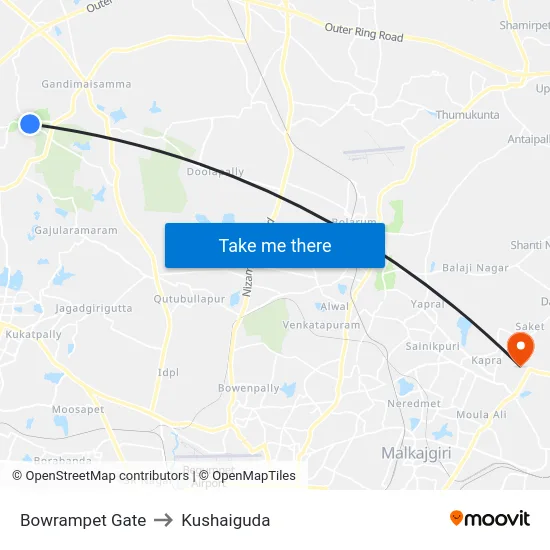 Bowrampet Gate to Kushaiguda map