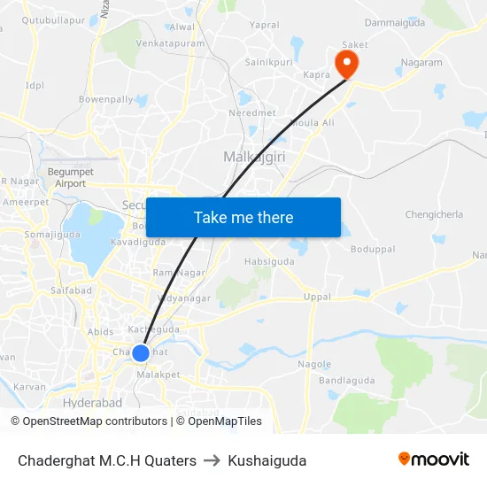 Chaderghat M.C.H Quaters to Kushaiguda map