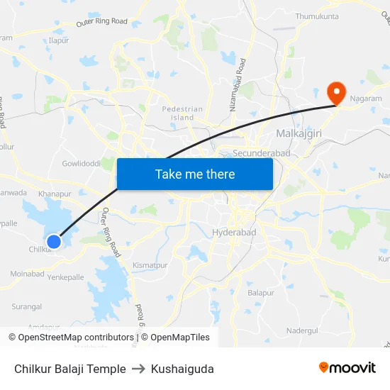 Chilkur Balaji Temple to Kushaiguda map