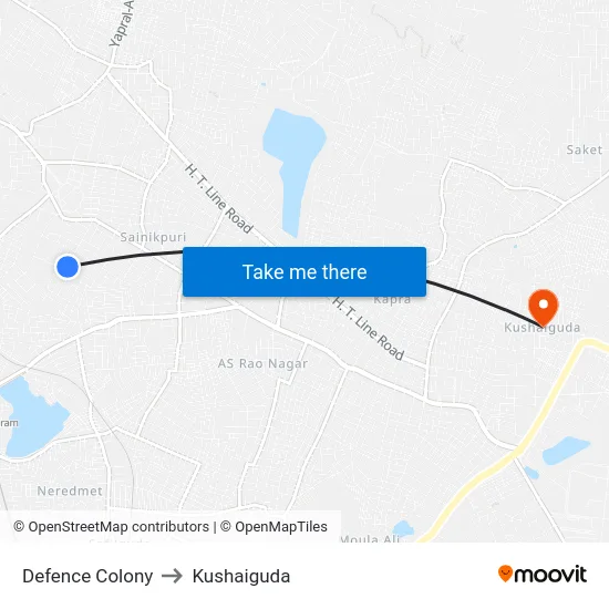 Defence Colony to Kushaiguda map