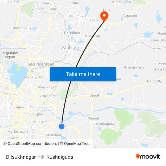 Dilsukhnagar to Kushaiguda map
