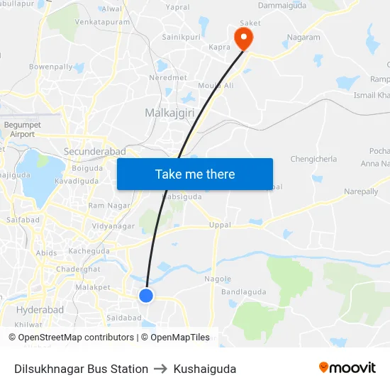 Dilsukhnagar Bus Station to Kushaiguda map