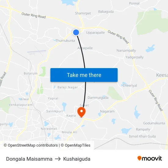 Dongala Maisamma to Kushaiguda map