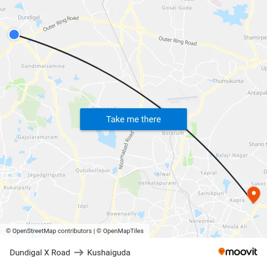 Dundigal X Road to Kushaiguda map