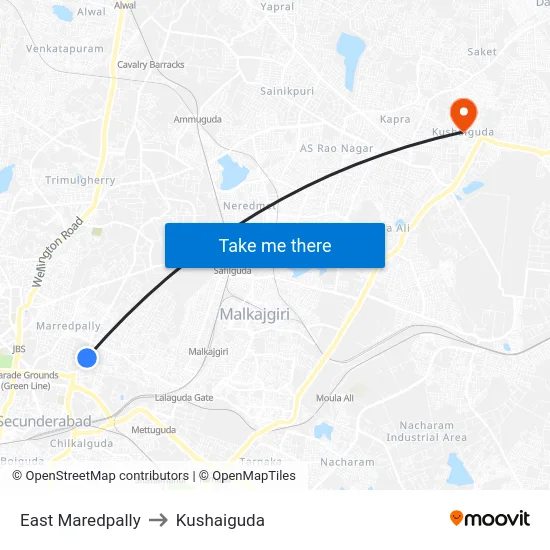 East Maredpally to Kushaiguda map