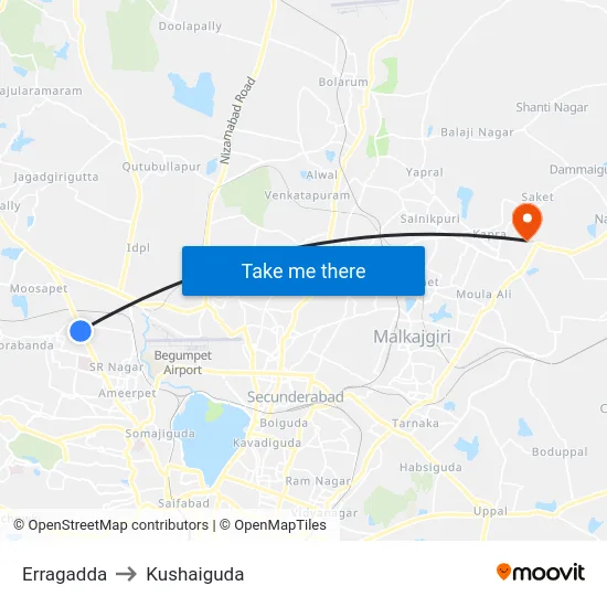 Erragadda to Kushaiguda map