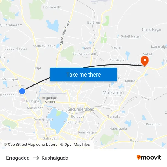 Erragadda to Kushaiguda map