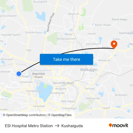 ESI Hospital Metro Station to Kushaiguda map