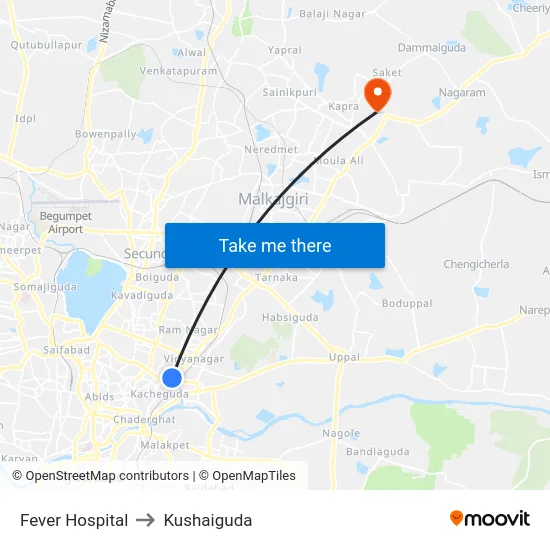 Fever Hospital to Kushaiguda map