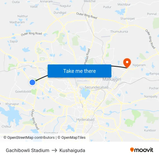 Gachibowli Stadium to Kushaiguda map