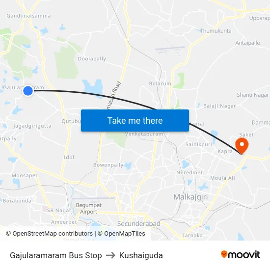 Gajularamaram Bus Stop to Kushaiguda map