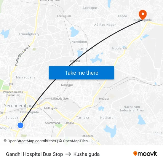 Gandhi Hospital Bus Stop to Kushaiguda map