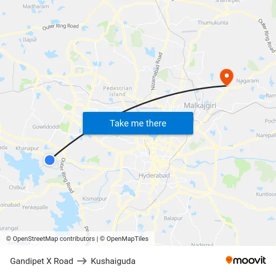 Gandipet X Road to Kushaiguda map